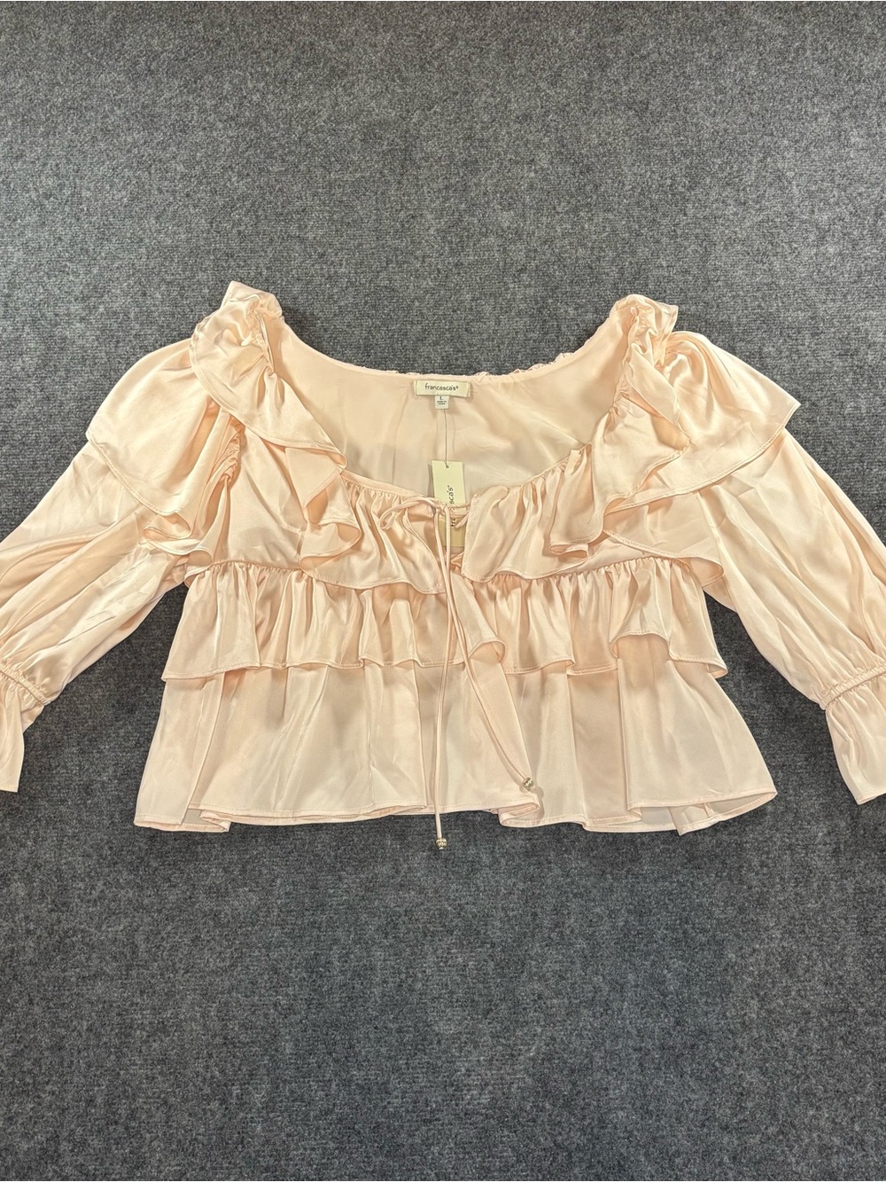 Francesca's Blush Pink Ella Ruffle Tiered Satin Tie-String Babydoll L Blouse NWT - Picture 2 of 8